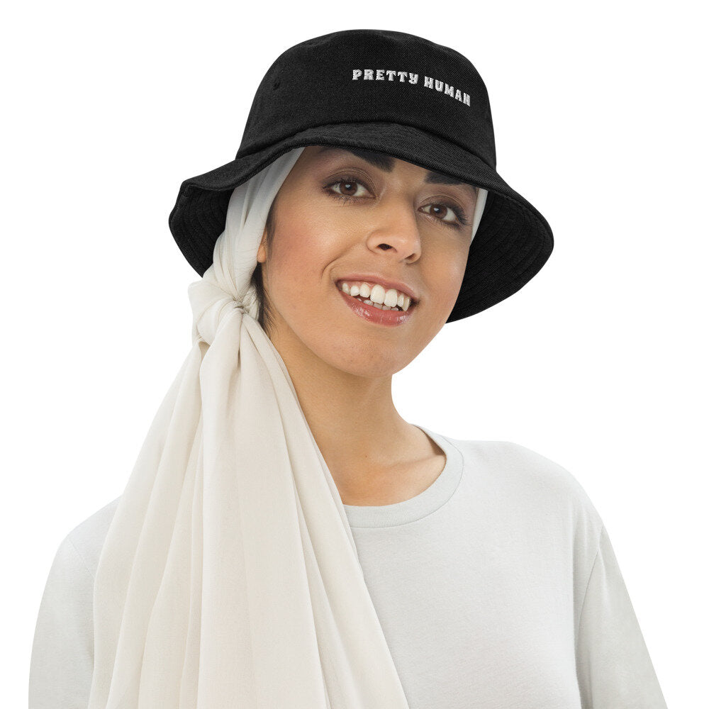 "Pretty Human" Denim Bucket Hat - White Text