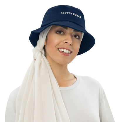 "Pretty Human" Denim Bucket Hat - White Text
