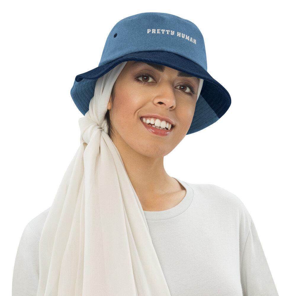 "Pretty Human" Denim Bucket Hat - White Text