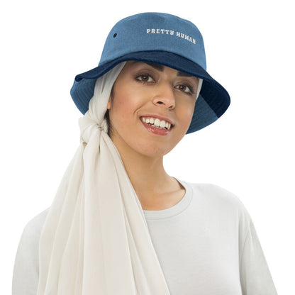 "Pretty Human" Denim Bucket Hat - White Text