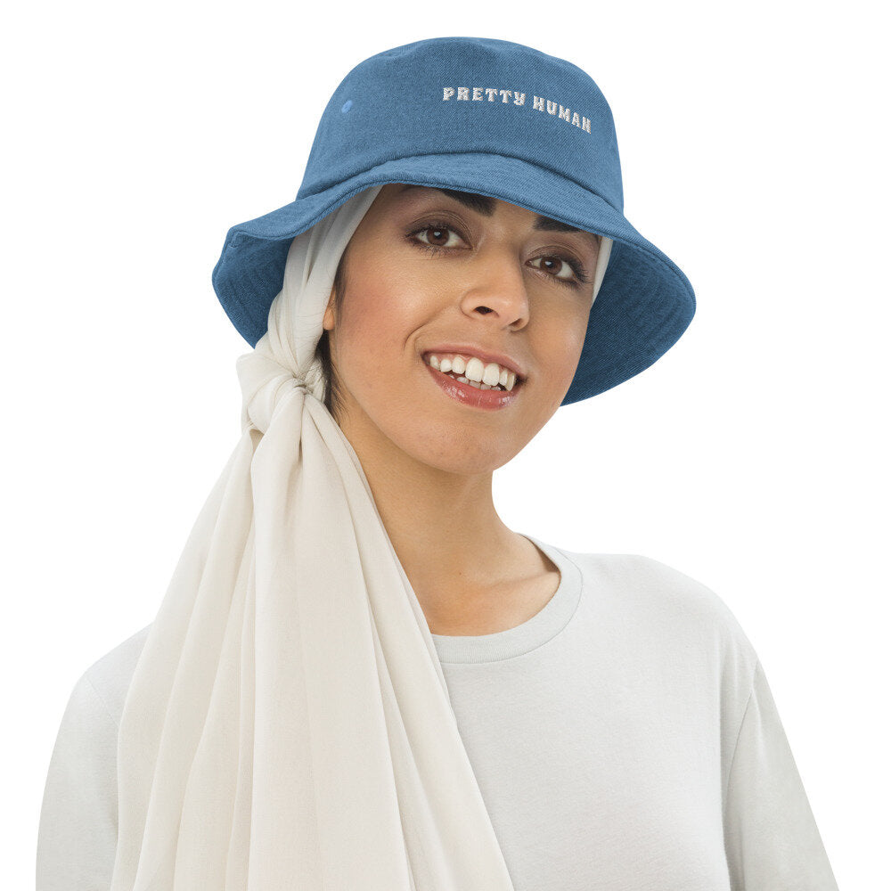 "Pretty Human" Denim Bucket Hat - White Text