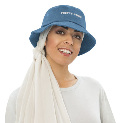 "Pretty Human" Denim Bucket Hat - White Text